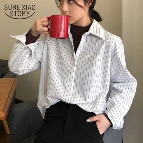 Women Striped Shirt Long Sleeve 2021 Autumn Winter Female Streetwear Blouse Oversize Casual Loose Shirts Fashion Clothing 11097