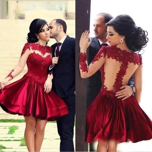 Women Satin Short Homecoming Dresses Scoop Full Sleeves Above Knee Prom Dresses Lace Sequined Cocktail Dress