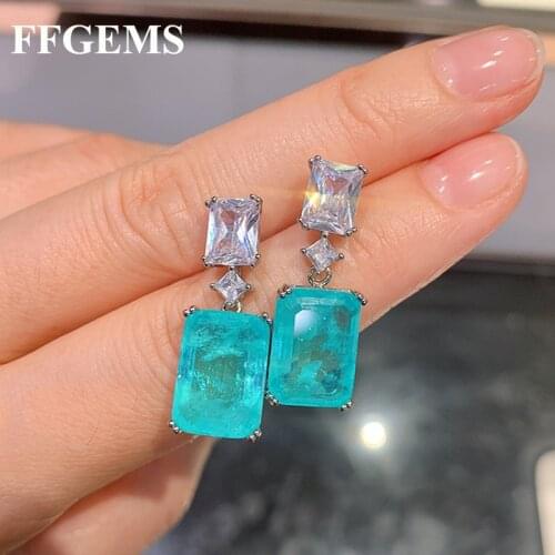 FFGems Brazilian Paraiba emerald Tourmaline silver Earring Created blue stone square for Women Fine Jewelry wholesale Party Gift