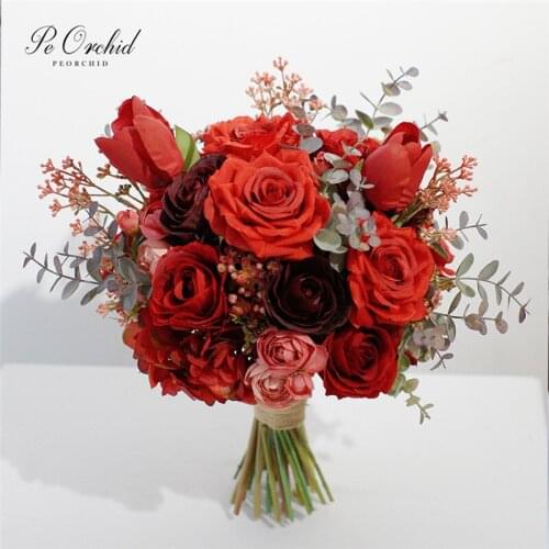 PEORCHID New Arrival Red Bridal Bouquet Wedding Artificial Hand Holding flowers Ramo De Novia Vintage Accesorios Novia 2021