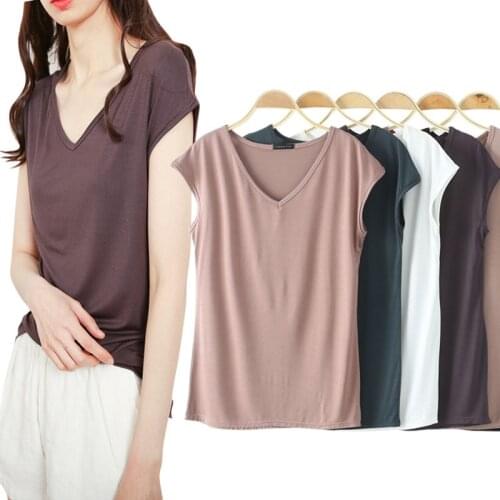 Womens Top Modal Pure Color V-Neck Ultra Short Sleeve Korean Multicolor Slim Casual T-Shirt Base Shirt