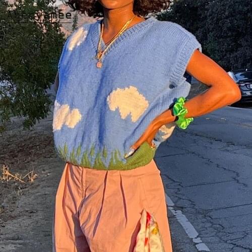 Aberyamee Sweater Vest Woman Cloud Knitted V Neck Sleeveless Cute Pullover Oversize Lady Grass Blue Sky New Spring Sweet Outwear