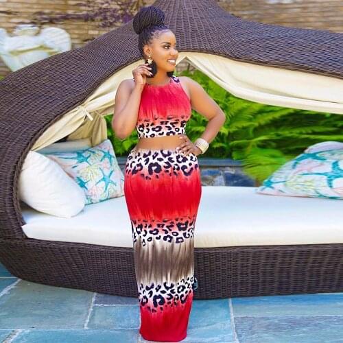 Vintage Leopard Print Two Piece Set Women O-neck Sleeveless Tank Top and Body-shaping Long Maxi Skirts Sexy Club Party Outfits