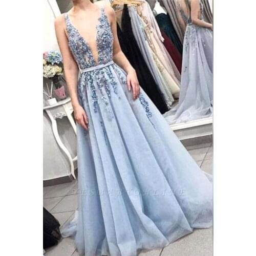 New Princess Sky Blue Sexy Prom Dresses Long Backless V Neck A Line Applique Women Formal Party Dress vestidos largos