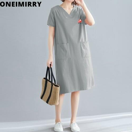 Oneimirry Printed Strawberry Dress Woman Summer 2021 V-Neck Cute Sweet Midi Dresses Loose Pocket Simple Short Sleeve Clothing