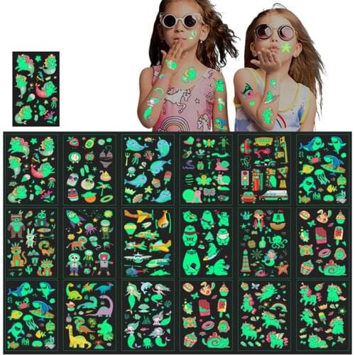 16 Sheet ChildrenS Luminous Cartoon Tattoo Sticker Fluorescent Green Award Sticker Waterproof Sweat Fake Tattoo Stickers Gift