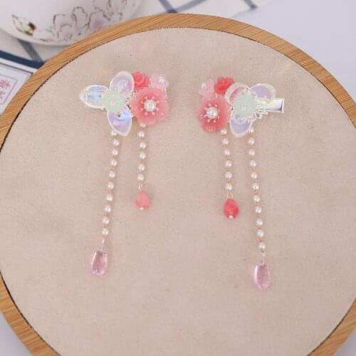 2 pcs Antique Flower Crystal Long Tassel Hair Clips Hanfu Gril Hair Acceaaory Jewelry Handmade Hair Clip