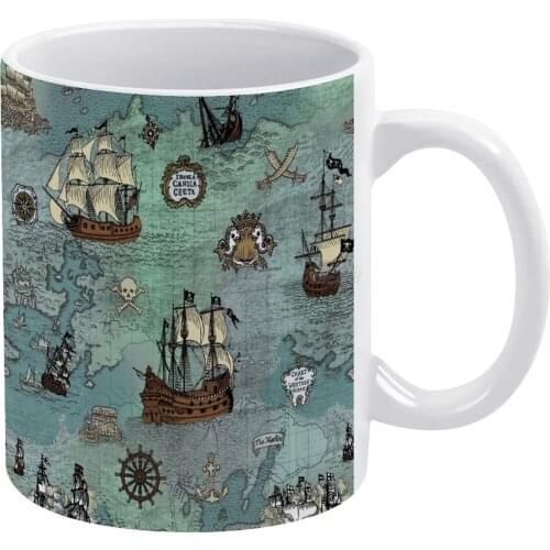 Pirate Map Nautical Sea Print White Mug 11 Oz Funny Ceramic Coffee/Tea/Cocoa Mug Unique Gift Pirate Nautical Sailor Map Ship Gal