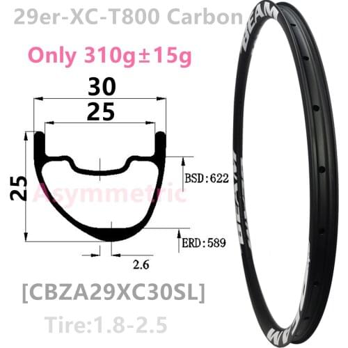 [CBZA29XC30SL] Asymmetric 310g 29er Carbon rim mtb bike wheel width 30mm internal 25mm Hookless Tubeless XC 29er carbon mtb rims