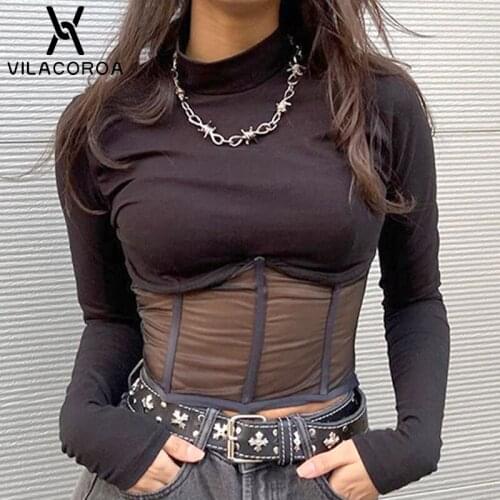 Stand-up black long-sleeved t-shirt Cotton mesh stitching perspective sexy crop top High street nightclub tops female t shirt