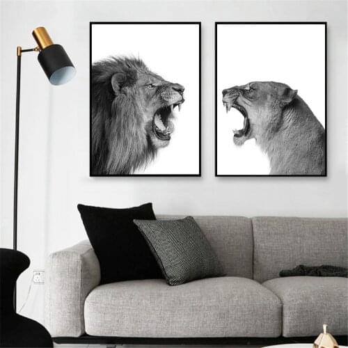 Black And White Wild Animal Painting Lion And Lioness Canvas Posters Modern Wall Art Print Nordic Poster Picture Home Decoration