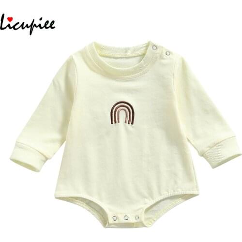 0-24 Months Full Sleeve Baby Autumn Rompers, Rainbow Embroidery Long-sleeves Jumpsuit with Crotch Buttons Toddlers Girls Boys