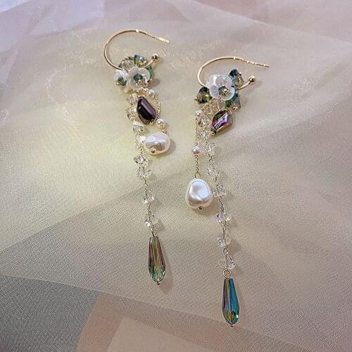 Korean Holiday Crystal Earrings Super Fairy Baroque Shell Pearl Flower Drop Earrings Long Tassel Women Party Jewelry