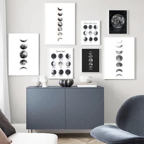 Space Lunar Cycle Modern Poster Art Prints , Moon Phase Art Canvas Painting Home Room Science Lunar Phases Wall Pictures Decor