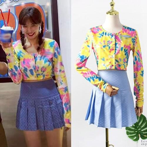 Kpop 4Minute Kim Hyun A 2021 lady summer Vacation style sweet long sleeve shirts and blue mini pleated skirt women Two-piece set