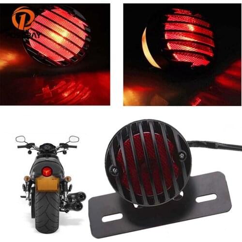 POSSBAY 12V Black Round Metal Motorcycle Middle Mount Tail Light License Plate Bracket Red Light Universal For Harley Lights