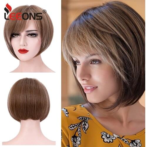 Leeons Short Hightlight Brown Mixed Blonde Bob Wigs With Bangs Short Synthetic Wig For Women Heat Resistant Daily Party Wigs