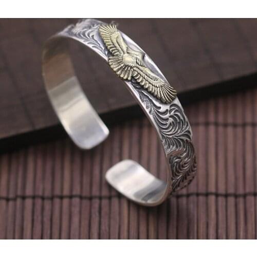 Solid Pure Thai Silver Golden Eagle Mens Cuff Bangle Bracelet Top Fashion Indian Style Handmade Sterling Silver 925 Mens Jewelry