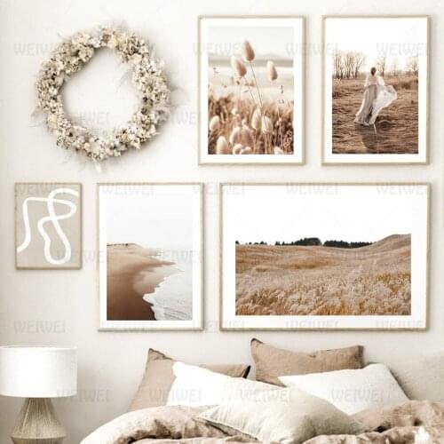Sand Soft Canvas Painting Beach Sunset Nordic Poster Girl Grass Waves Curves Wall Art Print Decoration Pictures for Living Room