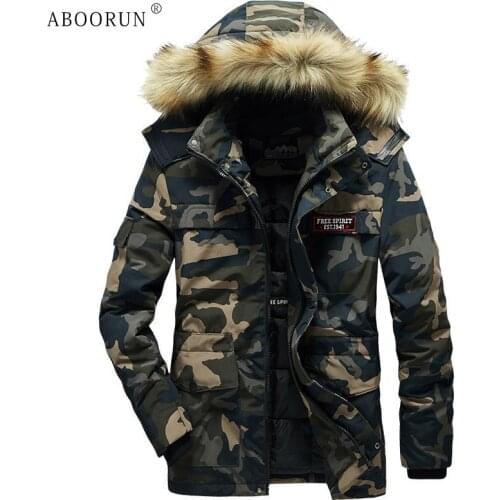 ABOORUN Mens Winter Camouflage Fur Hooded Jacket Multi Pockets Down Cotton Coat Plus Size 5XL Casual Warm Parka for Male