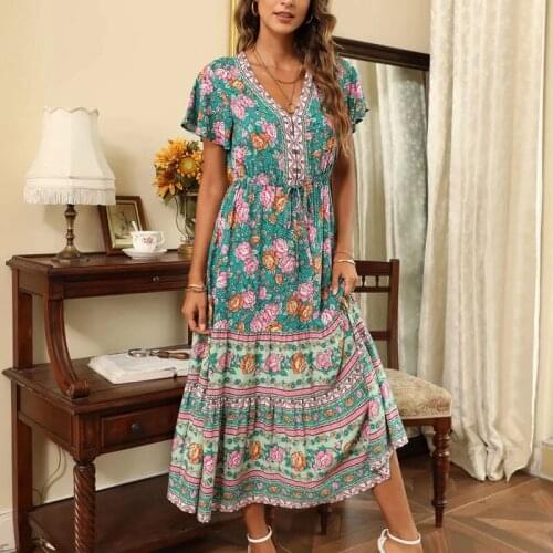 Summer Women Floral Print Boho Long Dress Female V Neck Drawstring Waist A-line Holiday Casual Short Sleeve Vestido Party Wear