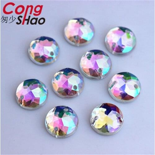 Cong Shao 300PCS 10mm AB Clear Round Acrylic Rhinestone flatback sewing 2 Hole costume Button Crystal Accessories CS203G