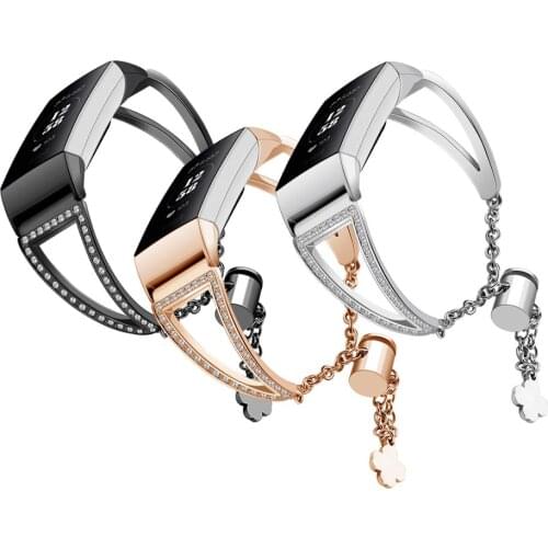 Jewelry Watch Bands for Fitbit Charge 4/Charge 3 SE Smartband Women Girl Adjustable Metal Chain Replacement Strap with Diamonds