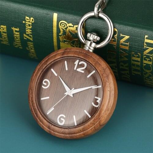 Retro Quartz Walnut Wood Pocket Watch Open Face White Arabic Numeral Display Natural Wooden Pocket Timepiece Vintage Gift Unisex