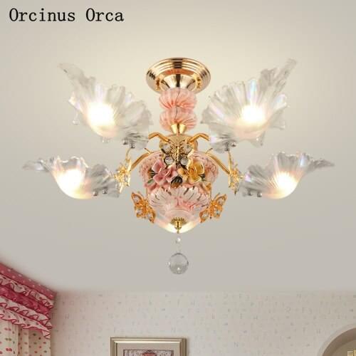 European luxury Pink Crystal Chandelier Princess Room Girl Bedroom childrens room lamp French warm LED ceramic ceiling lamp