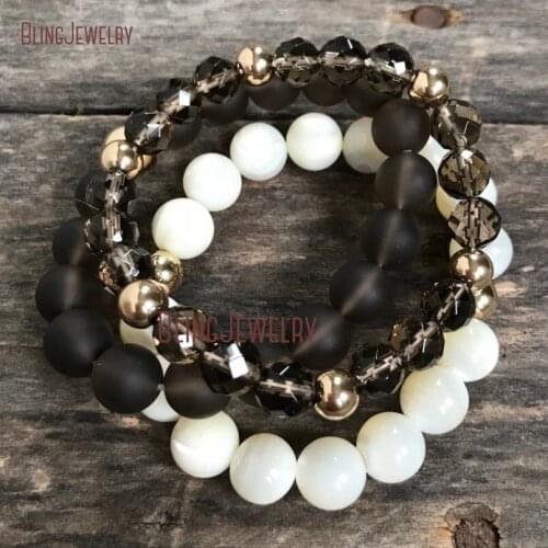 Smokey QuartzsMother of Pearl Stretch Beads Bracelet Power Healing Bracelet set of 3 BM16195