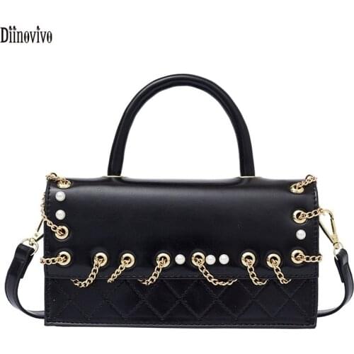 DIINOVIVO Fashion Diamond Lattice Lady Handbags Pearl Chain Designer Women Messenger Bag Small Square Bags Shoulder WHDV1894