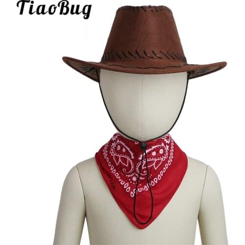 TiaoBug Kids Western Cowboy Felt Drawstring Hat with Bandanna Set for Boys Girls Halloween Party Costume Roleplay Accessories