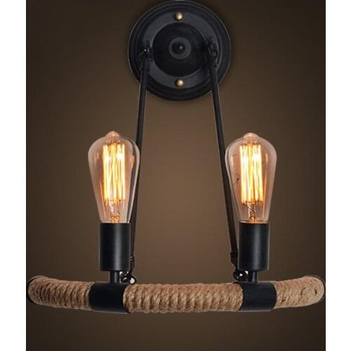 Vintage Industrial Loft Retro Wrought Iron Black Painted Hemp Rope Wall lamp with Dual Edison Bulbs Wall Sconce for Aisle Home