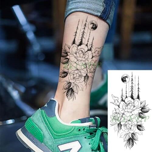 Waterproof Temporary Tattoo Sticker wolf moon forest tree flower black Fake Tattoo Flash arm leg Tattoo for Girl Women Men