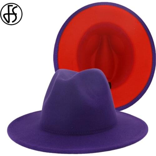 FS Fashion Women Felt Fedora Jazz Hat Purple Orange Patchwork Wide Brim Hats For Men Ladies Vintage Party Panama Trilby Caps