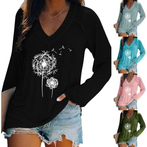 Women Fashion Casual V Neck Long Sleeve Casual Printed T-Shirt Blouse Two Dandelion Seeds Floating Printing Solid Color Shirt