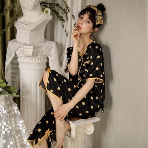 Pajamas Black Sleepwear Ice Silk Short Sleeve Nightwear Crew Neck Cardigan Wave Point Trouser Suits Set Womens Home Clothes