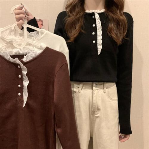 Woman Sweaters Lace Stringy Selvedge Womens Spring Autumn Underwear Long-Sleeved Knitwear Western Style Pullover Top