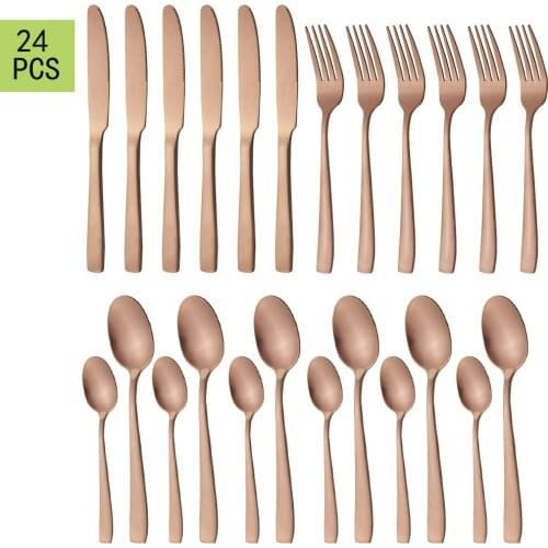 24pcs Rose Dinnerware Stainless Steel Cutlery Dinner Knives Spoons Fork Coffee Spoons Western Sliverware Kitchen Tableware Set