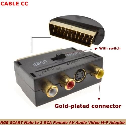 RGB SCART male to 3 RCA female AV audio video M-F adapter converter for TV VCR Scart adapter, with switch, gold-plated connector