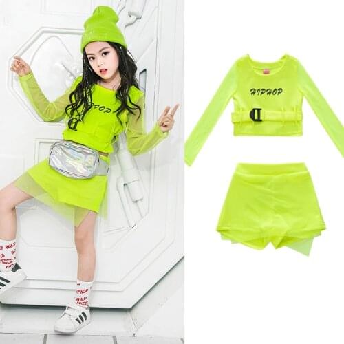 Hip Hop Kids Jazz Dance Costumes Long Sleeve Fluorescence Top Pants Girls Hiphop Clothes Street Dance Stage Show Wear DQS2553