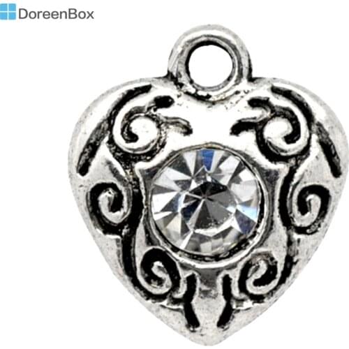 Doreen Box Lovely 20 Silver Color Rhinestone Love Heart Charm Pendants (B09726)