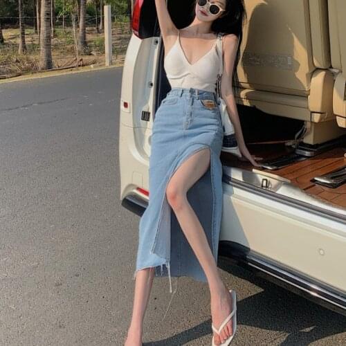 European and American denim A-line skirt, high waist, thin, split hips, mid-length skirt, summer 2021 new skirt