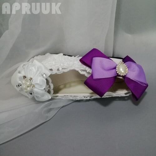 Violet purple bowknot satin bow womens wedding flats shoes plus size white lace handmade sweet fairy design ladies party shoe