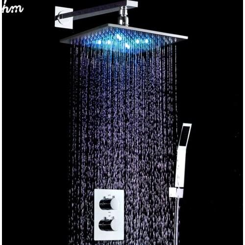 Hm 10" LED Shower Mixer Set Thermostat Faucet Shower Shower Head Powered by Water Square Saving Water Chromed Spout