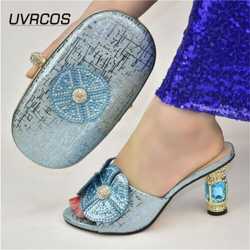 Italian Design Sky Blue Color Special Fullness of Rhinestone Mixing Style Elegant Nigerian Women Shoes and Bag Set for Party