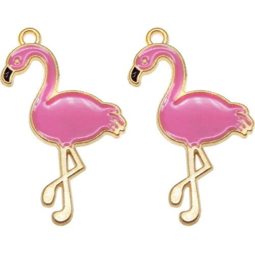 Julie Wang 5PCS Enamel Rose Red Flamingo Charms Bird Animal Bracelet Necklace Earring Alloy Gold Tone Jewelry Making Accessory