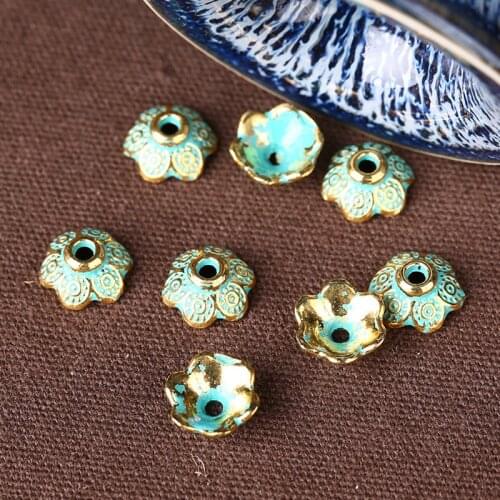 50pcs 4mmx9mm Beads Cap Ancient Gold Green Flower Shape Bead End Caps Findings For Women DIY Jewelry Making End Caps