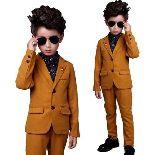 Orange Kids Suits Slim Kid Gentleman Boy Dress For Party 4parts Shirt jacket pant brooch Child Costume Baby clothes