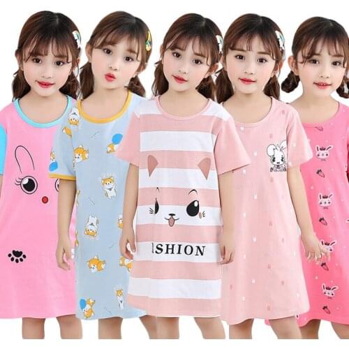 Summer Girls Night Dress Kids Pajamas Cotton Girls Unicorn Nightgowns Short-sleeves Children Sleepwear Cartoon Teenages Clothes